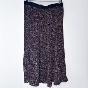 Adrianna Papell Black Floral Print Pleated Pull-On Whimsigoth Midi Skirt Large